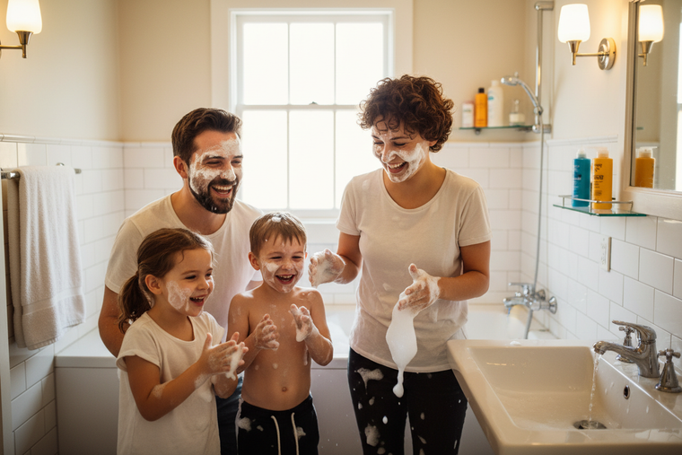 maak een afbeeldin met een gezin ingezeept gezicht in badkamer